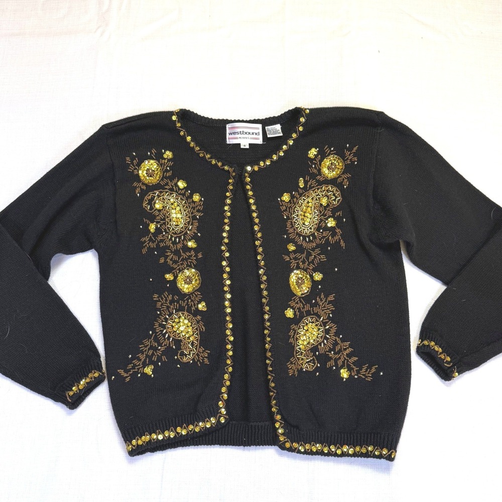 Westbound Petites Black Sequins Beaded Paisley Cardigan‎ Sweater Small